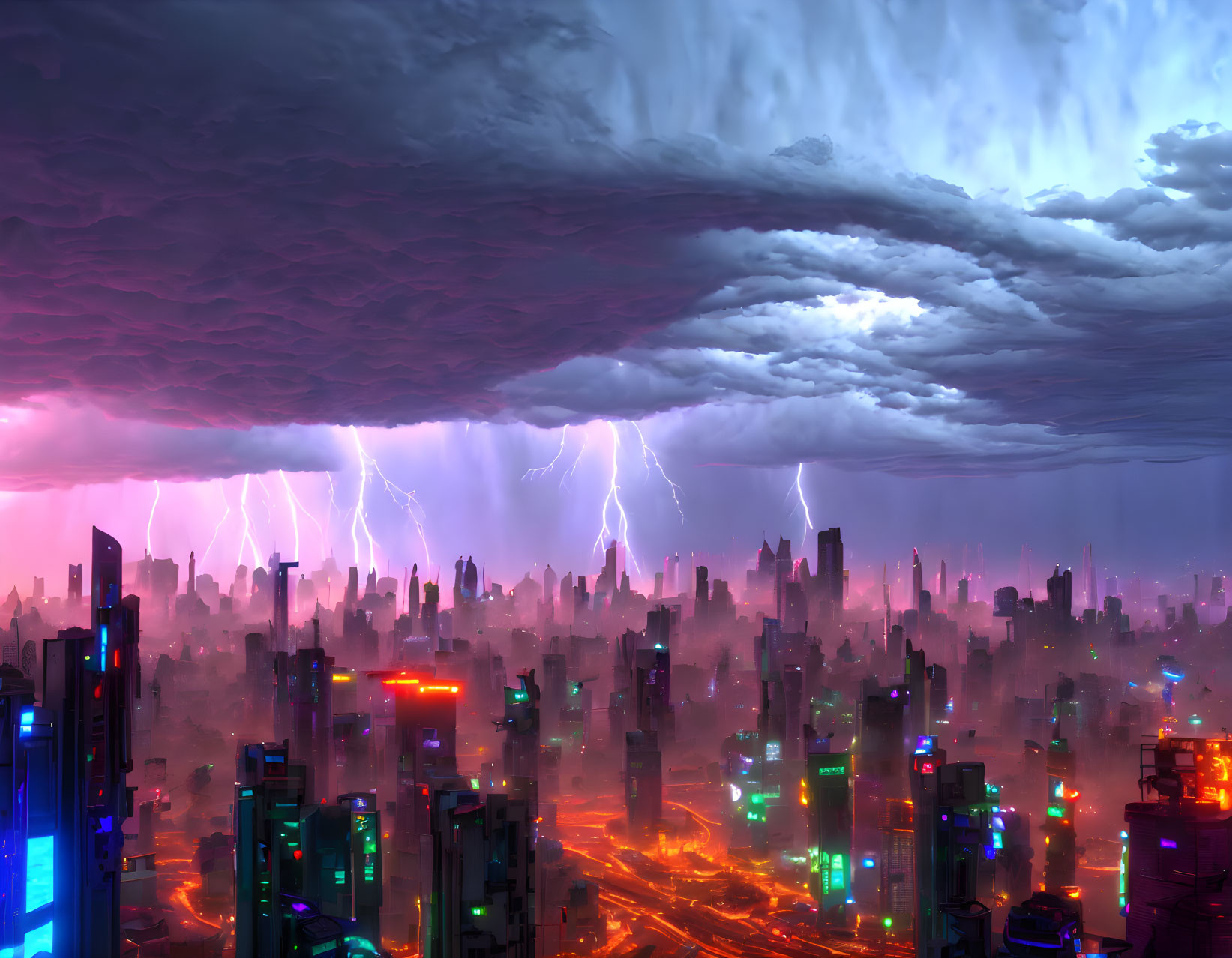 Futuristic cityscape with stormy sky, neon lights, and mist