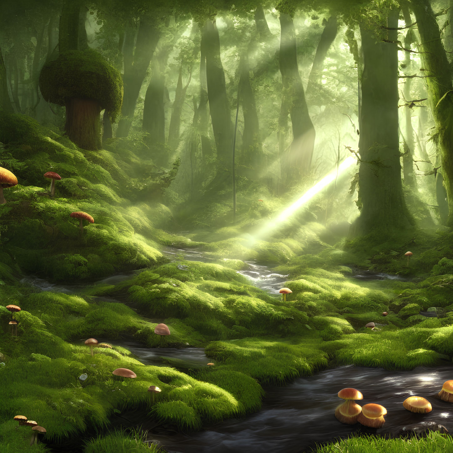 Tranquil forest scene with moss, tall trees, mushrooms, and stream