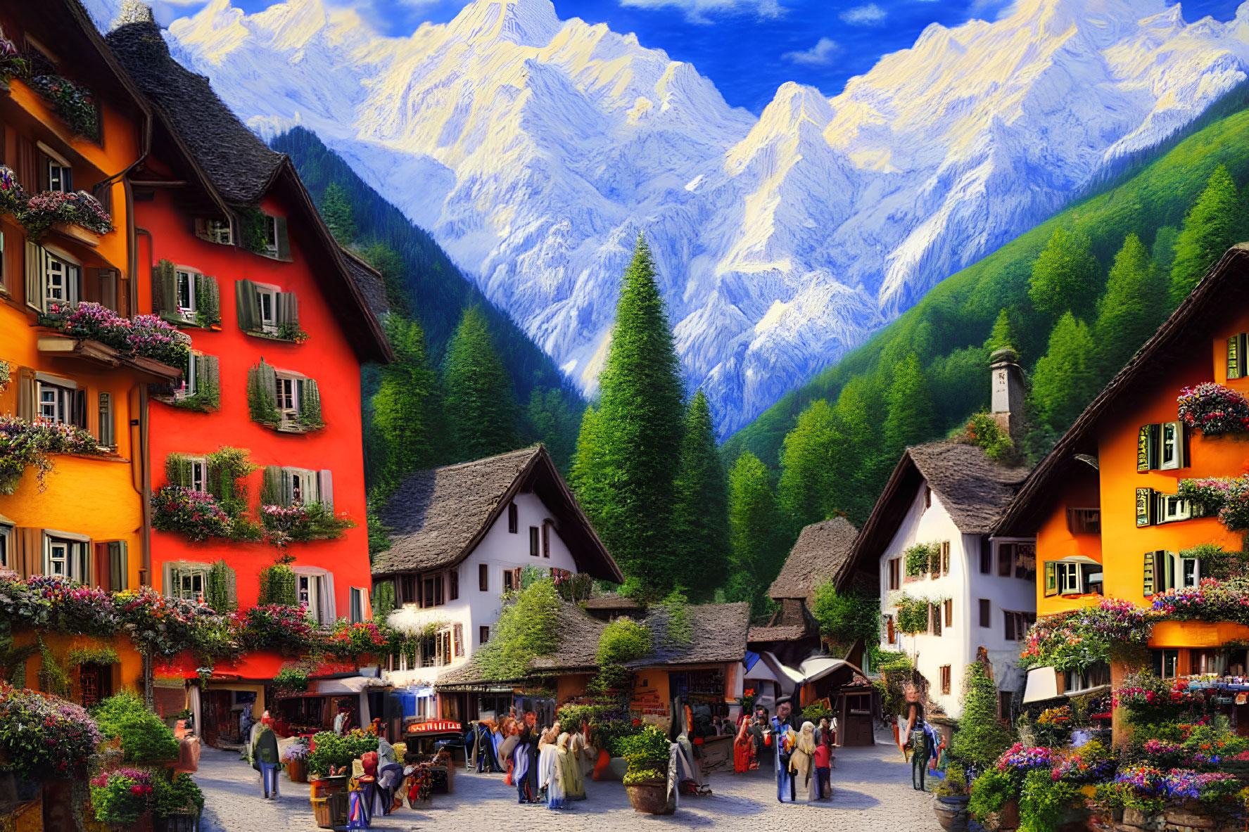 Vibrant alpine village with marketplace, flower-adorned houses, snow-capped mountains