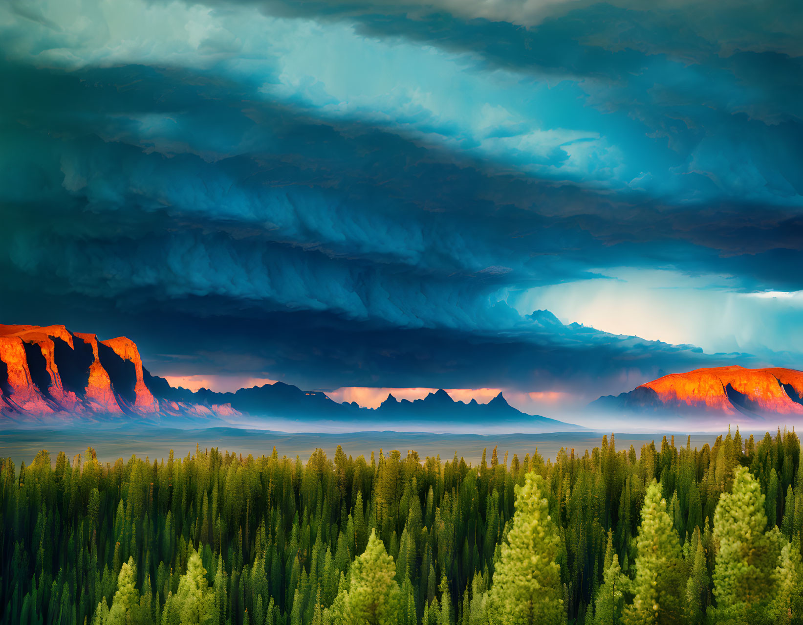 Stormy Skies Over Sunlit Cliffs and Evergreen Forest