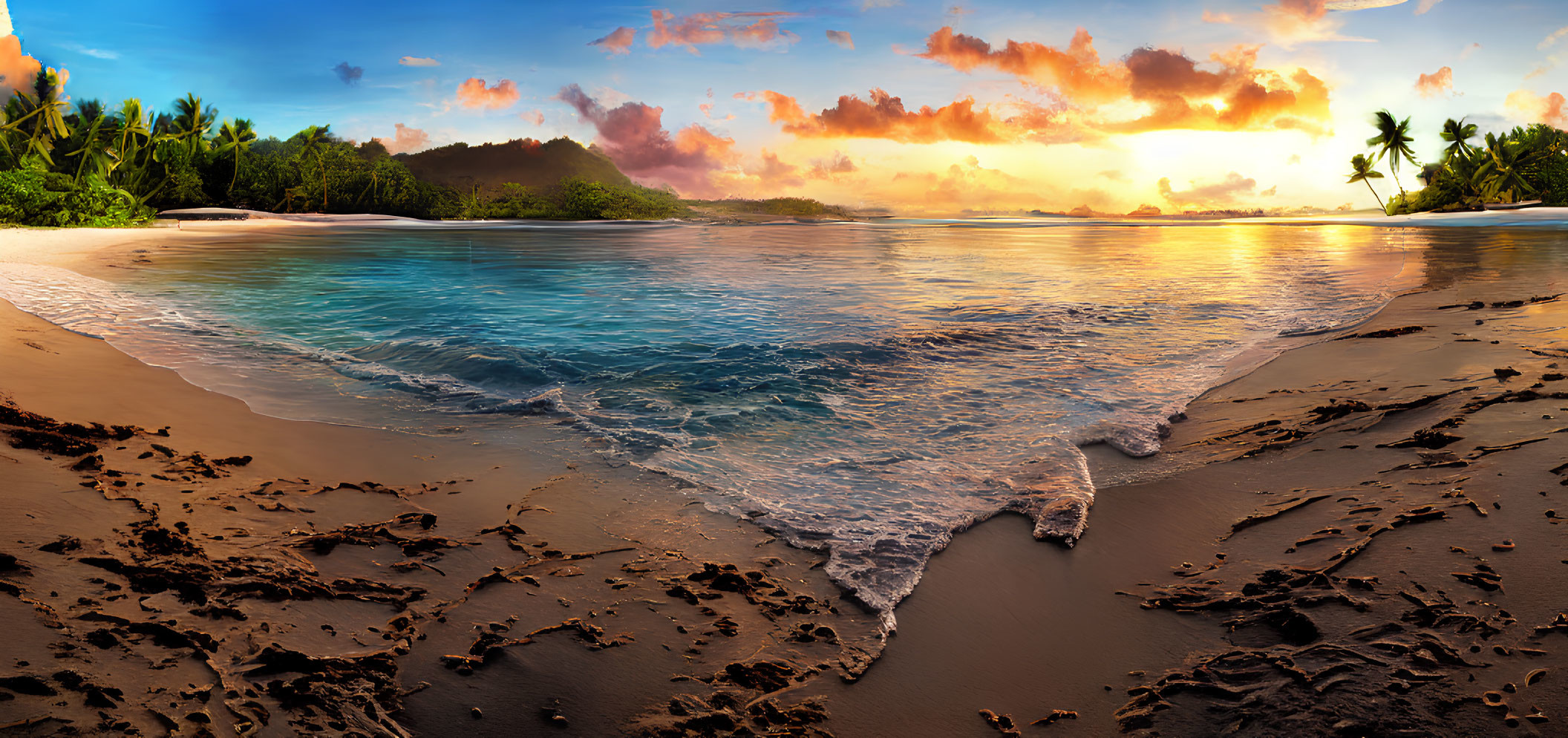 Tranquil beach sunset with palm trees and gentle waves