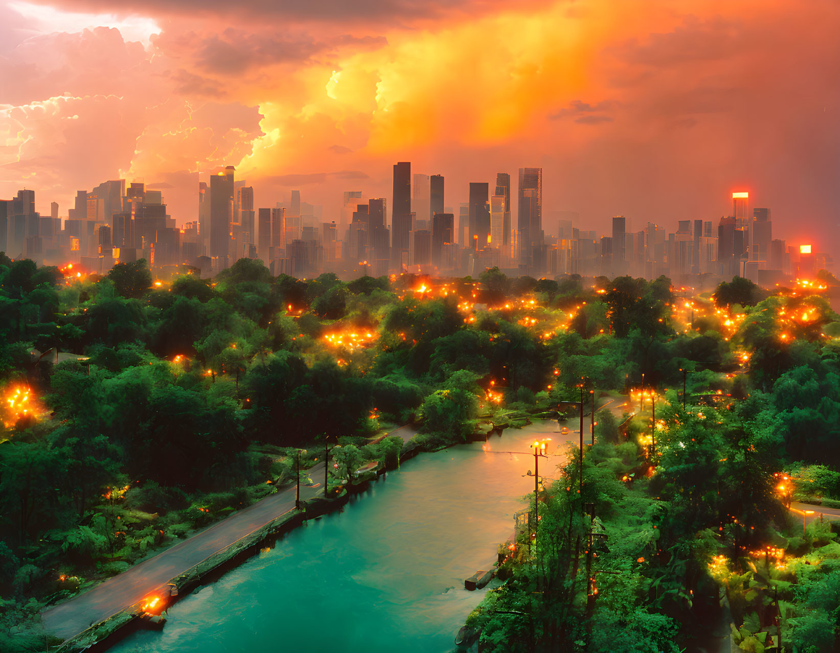 Cityscape at Dusk: Radiant Sky, Skyscrapers, & Lush Greenery