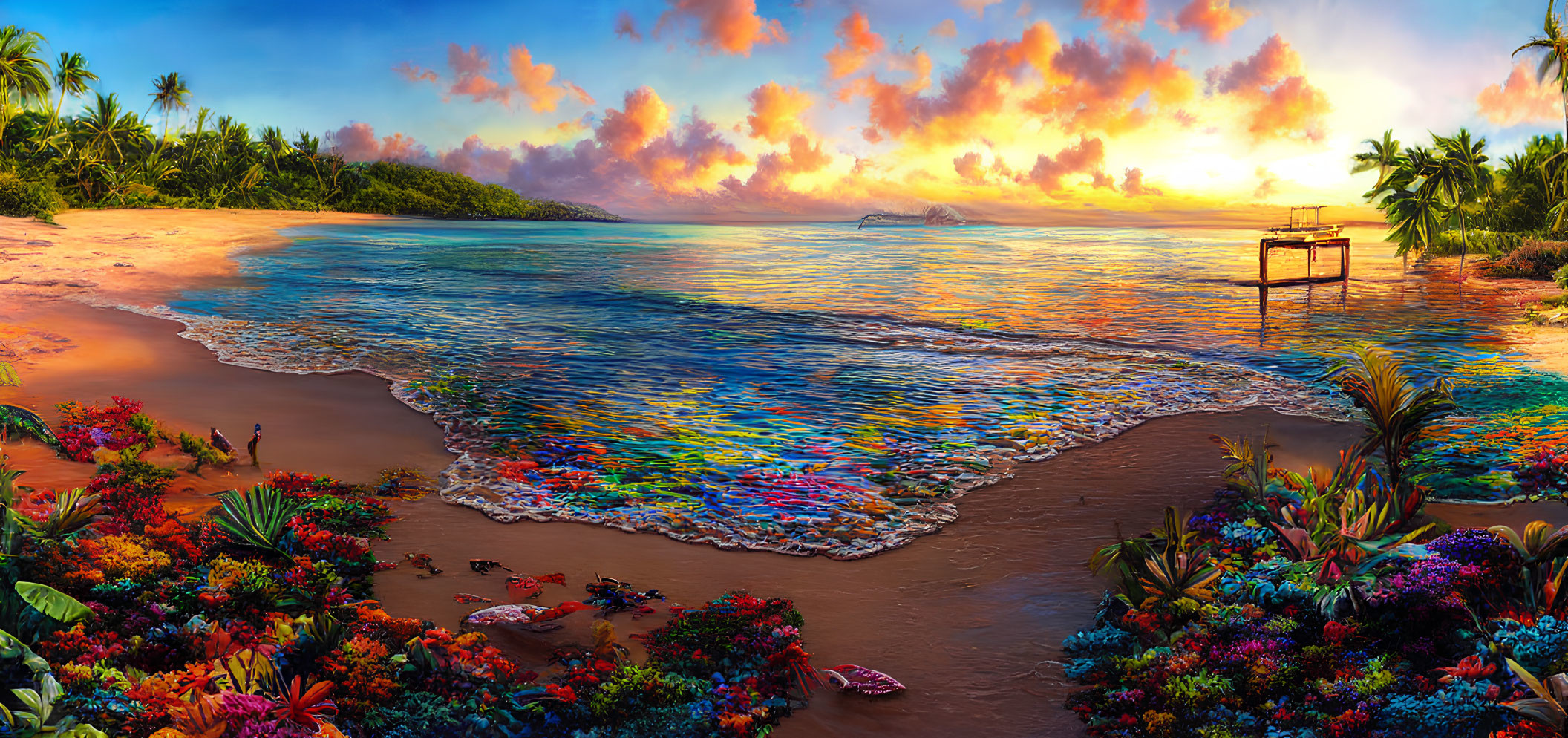 Vibrant Tropical Beach Sunset with Coral Reef and Palm Trees