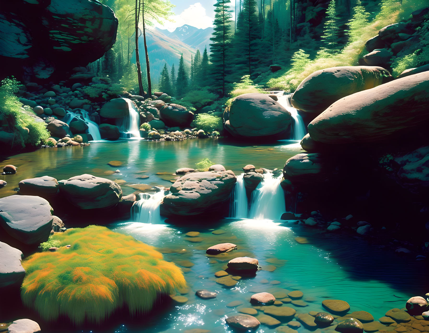 Tranquil Forest Stream Surrounded by Lush Greenery