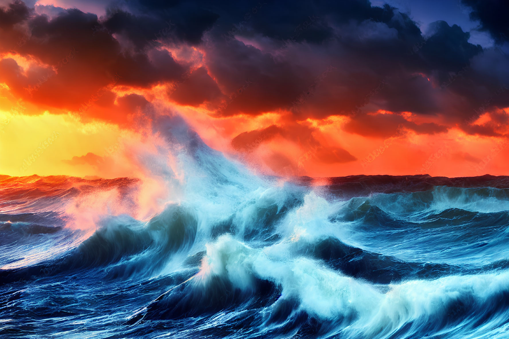 Ocean scene with high waves under fiery sunset sky.