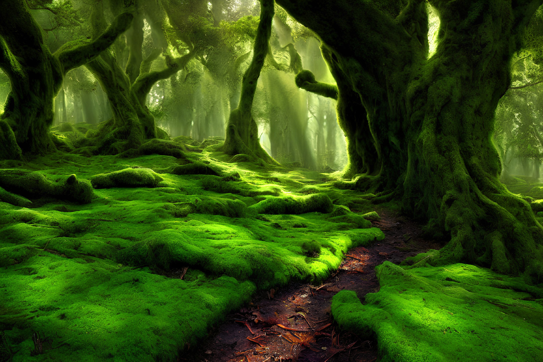 Moss-Covered Trees in Enchanted Forest Scene