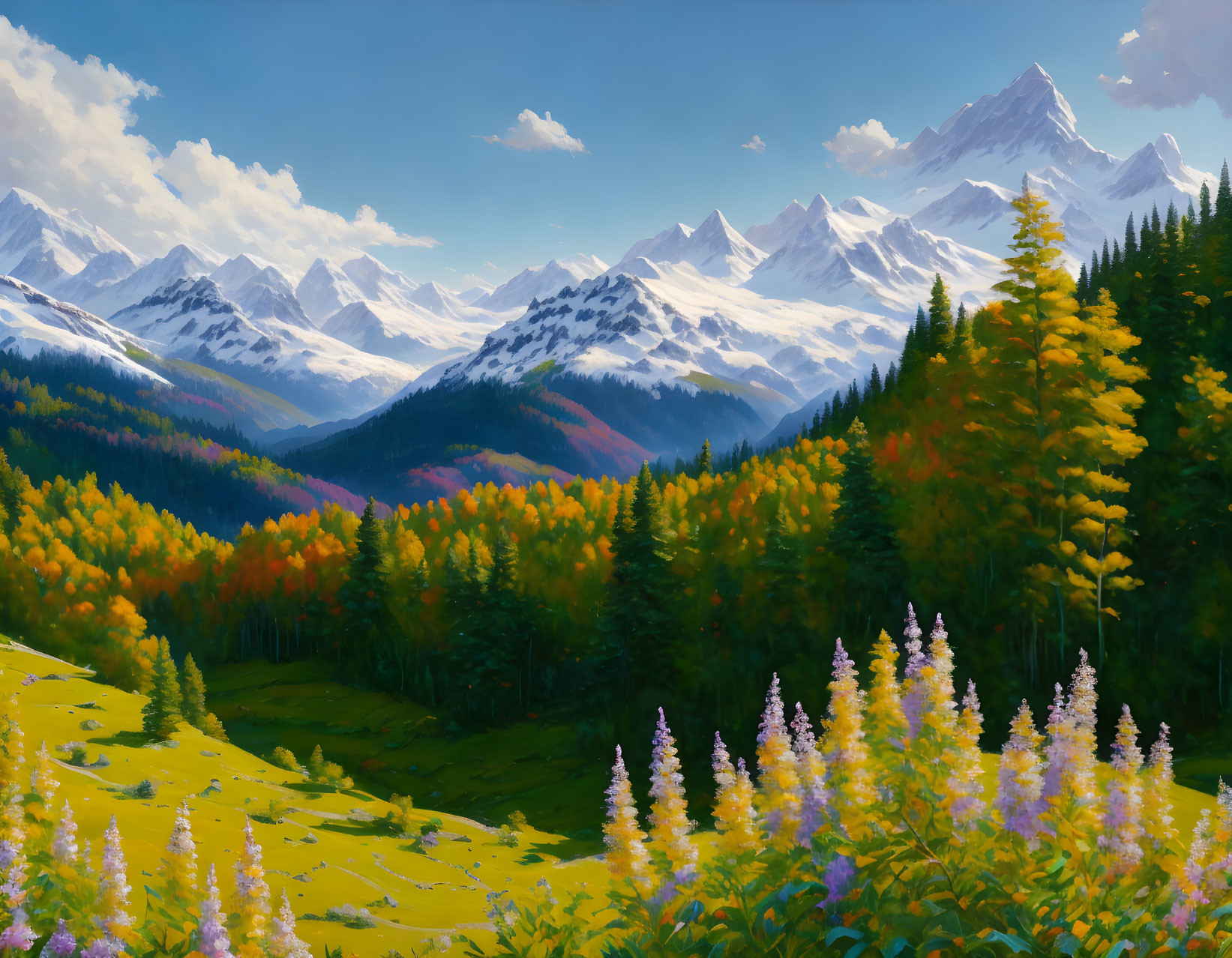 Colorful landscape painting: meadow, autumn forest, snow-capped mountains