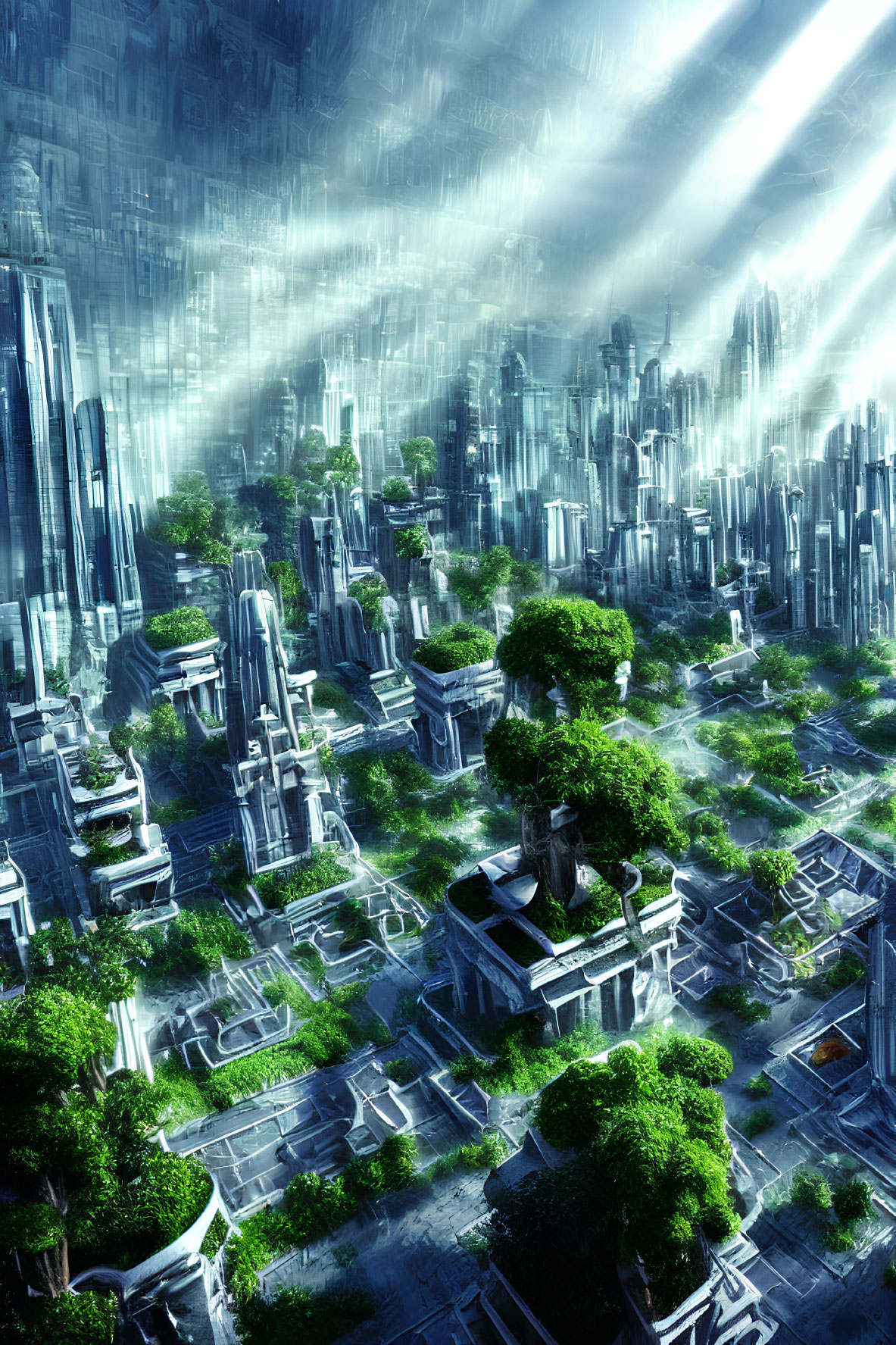 Futuristic cityscape with skyscrapers, greenery, and light beams