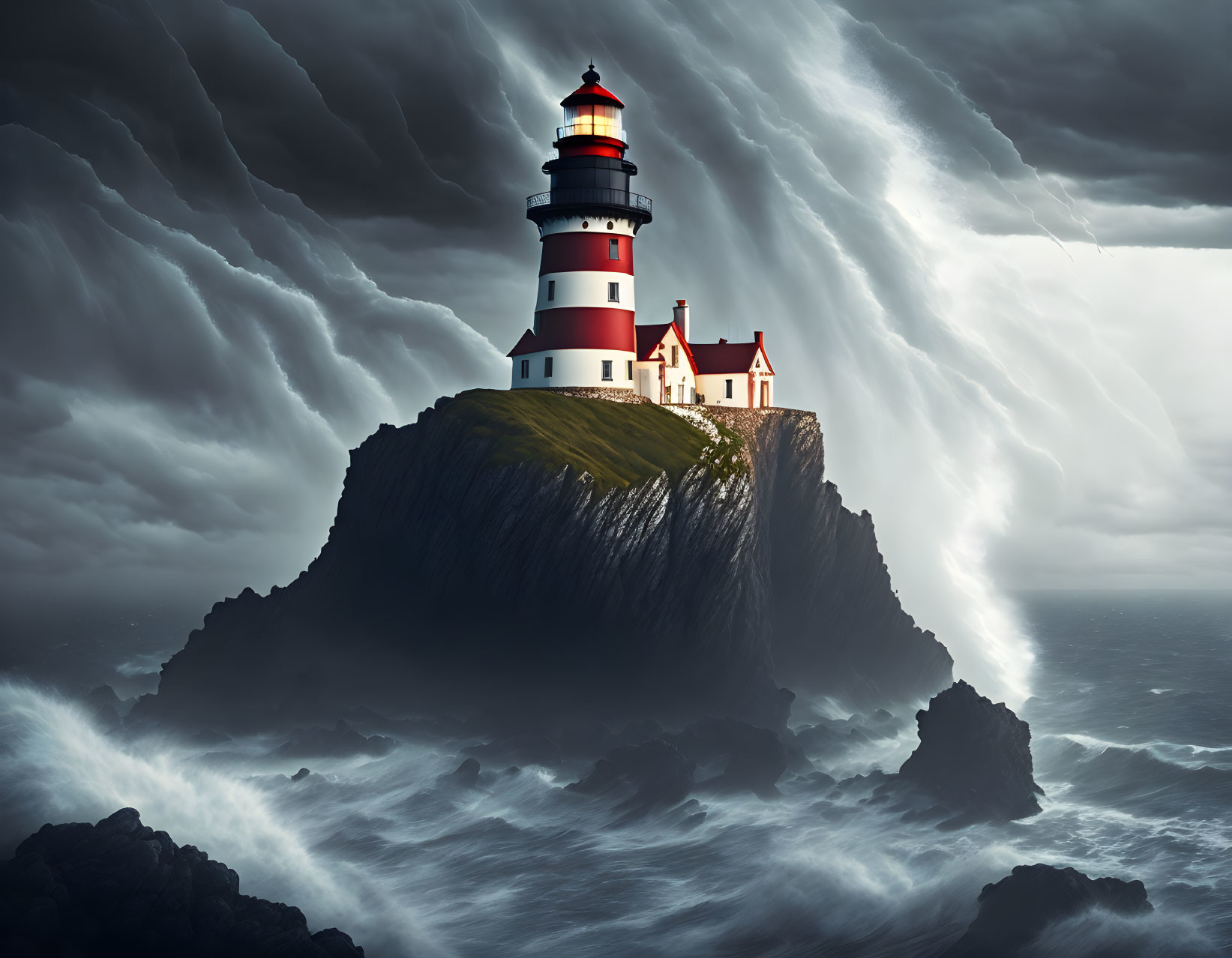 Lighthouse on rocky cliff with stormy sky and crashing waves