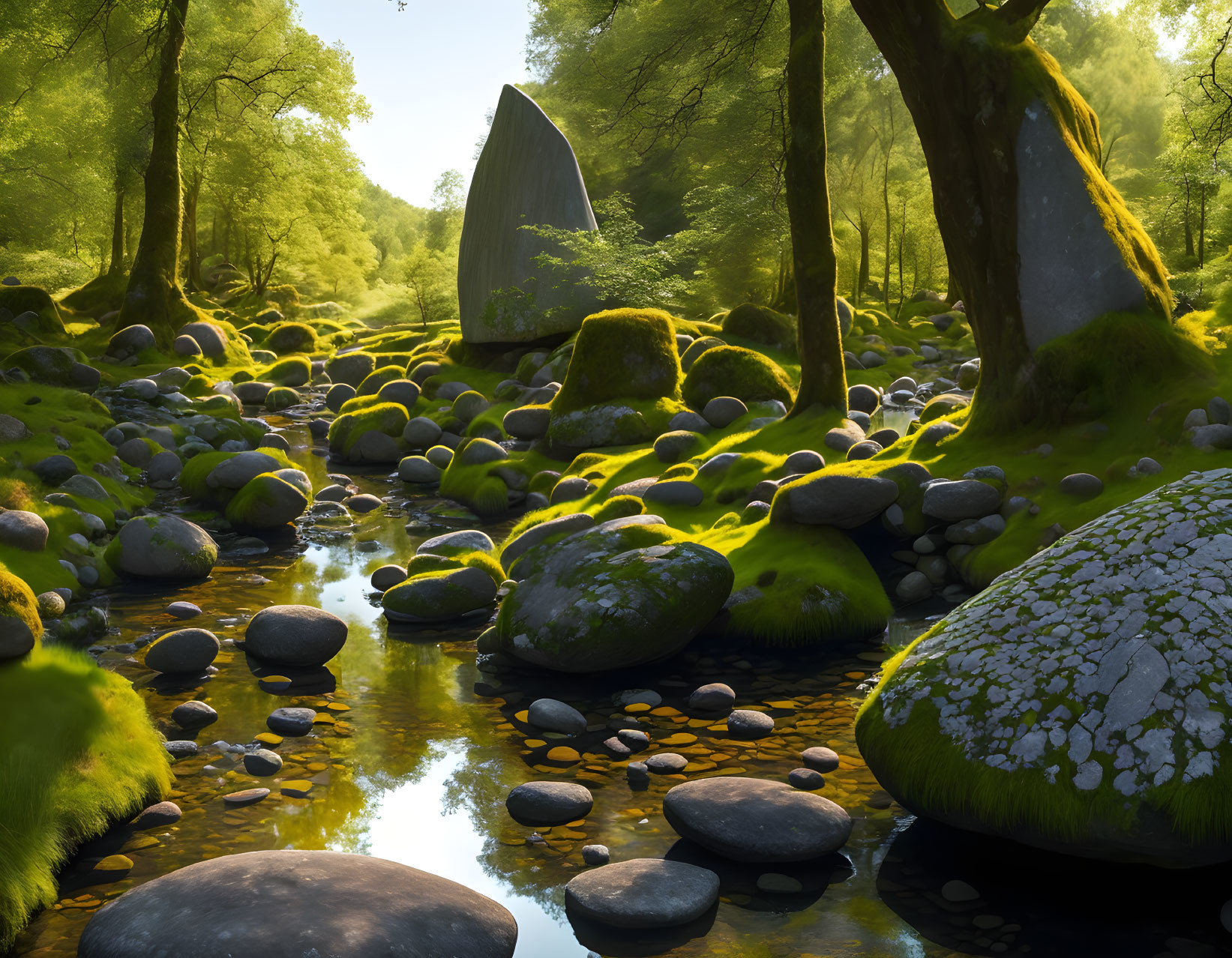 Tranquil forest stream with moss-covered rocks and old watermill