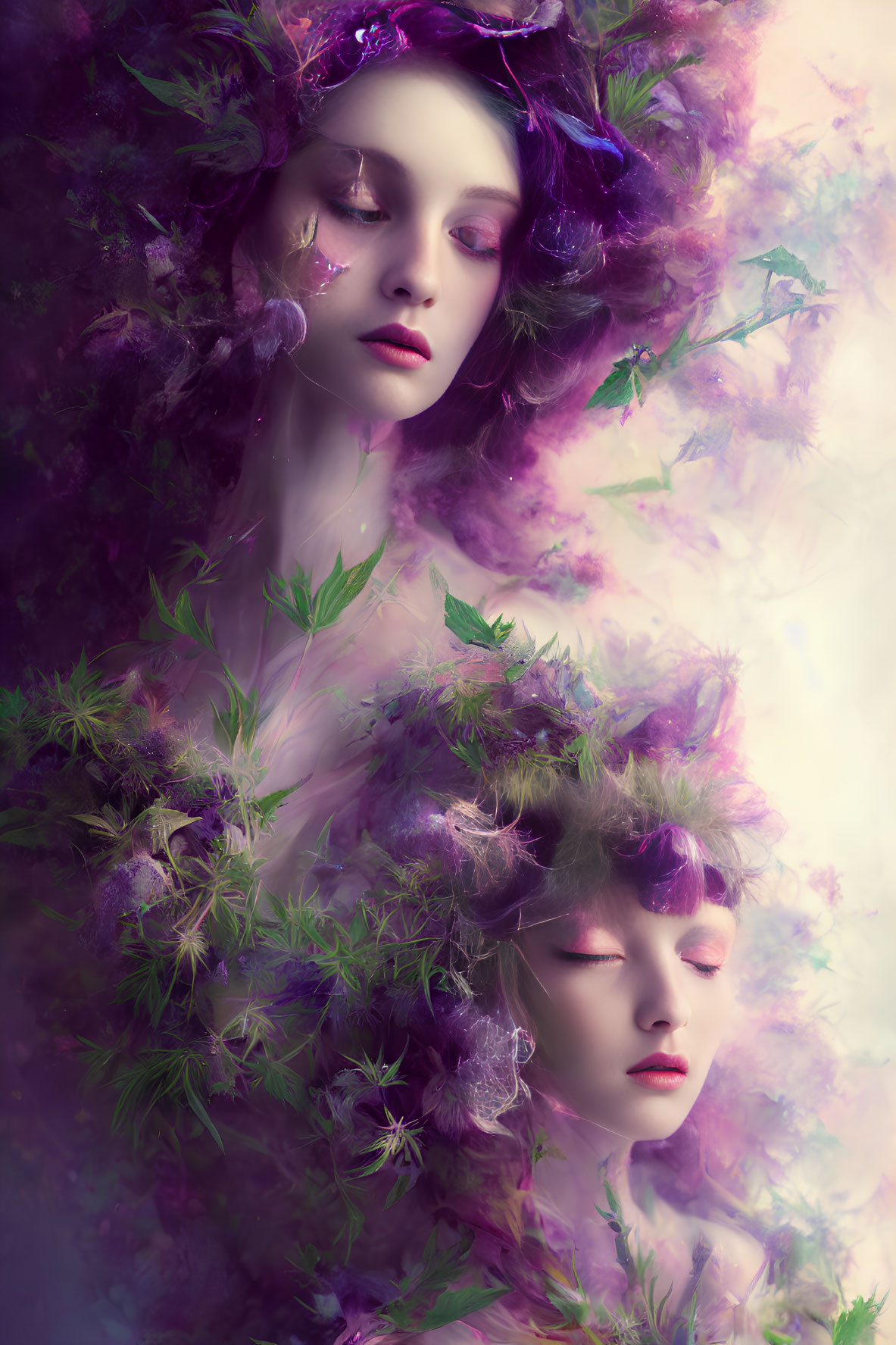 Surreal portrait of two women in purple and green flora