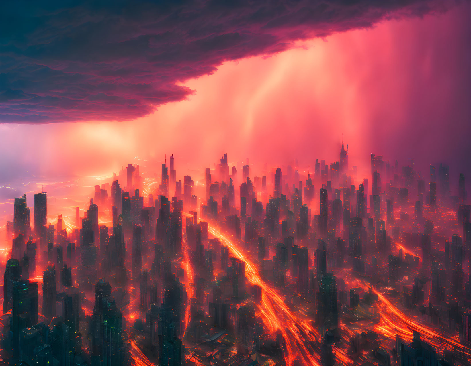 Futuristic cityscape with red and orange hues under stormy sky