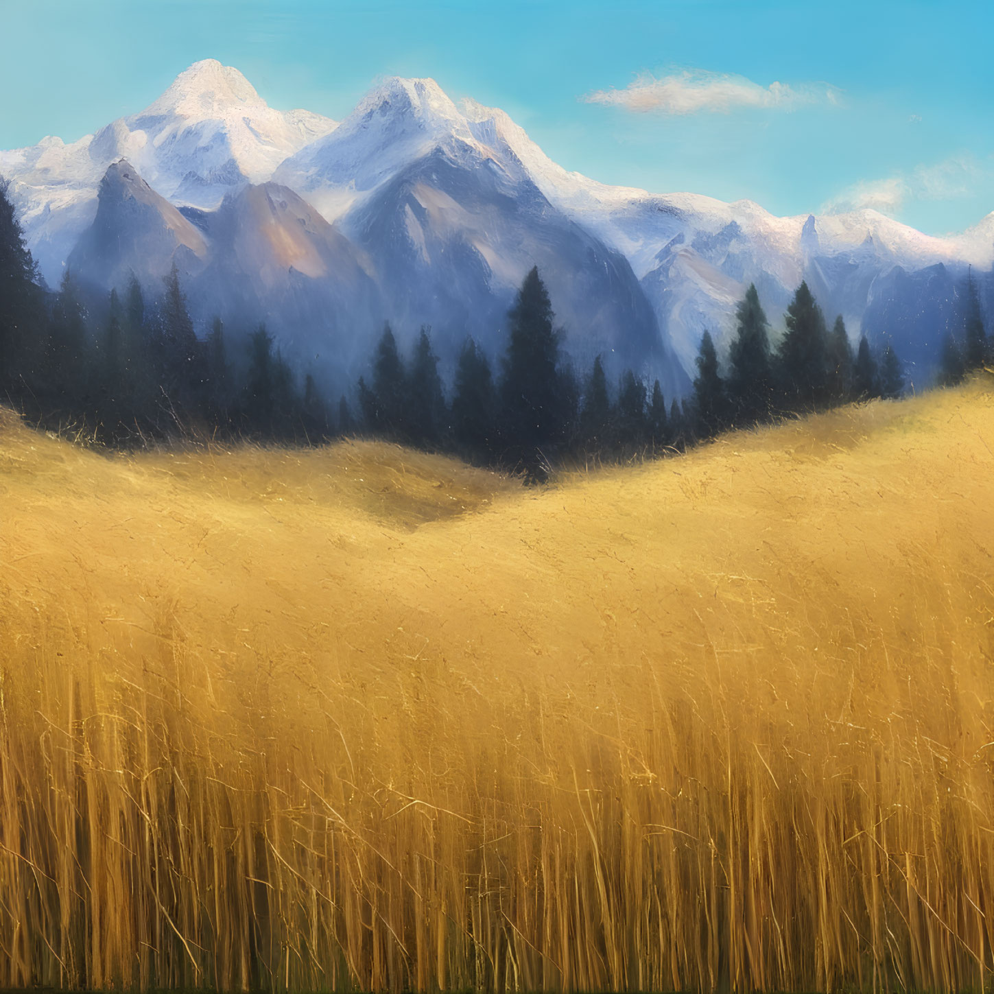 Golden meadow, forest, snow-capped mountains in serene landscape