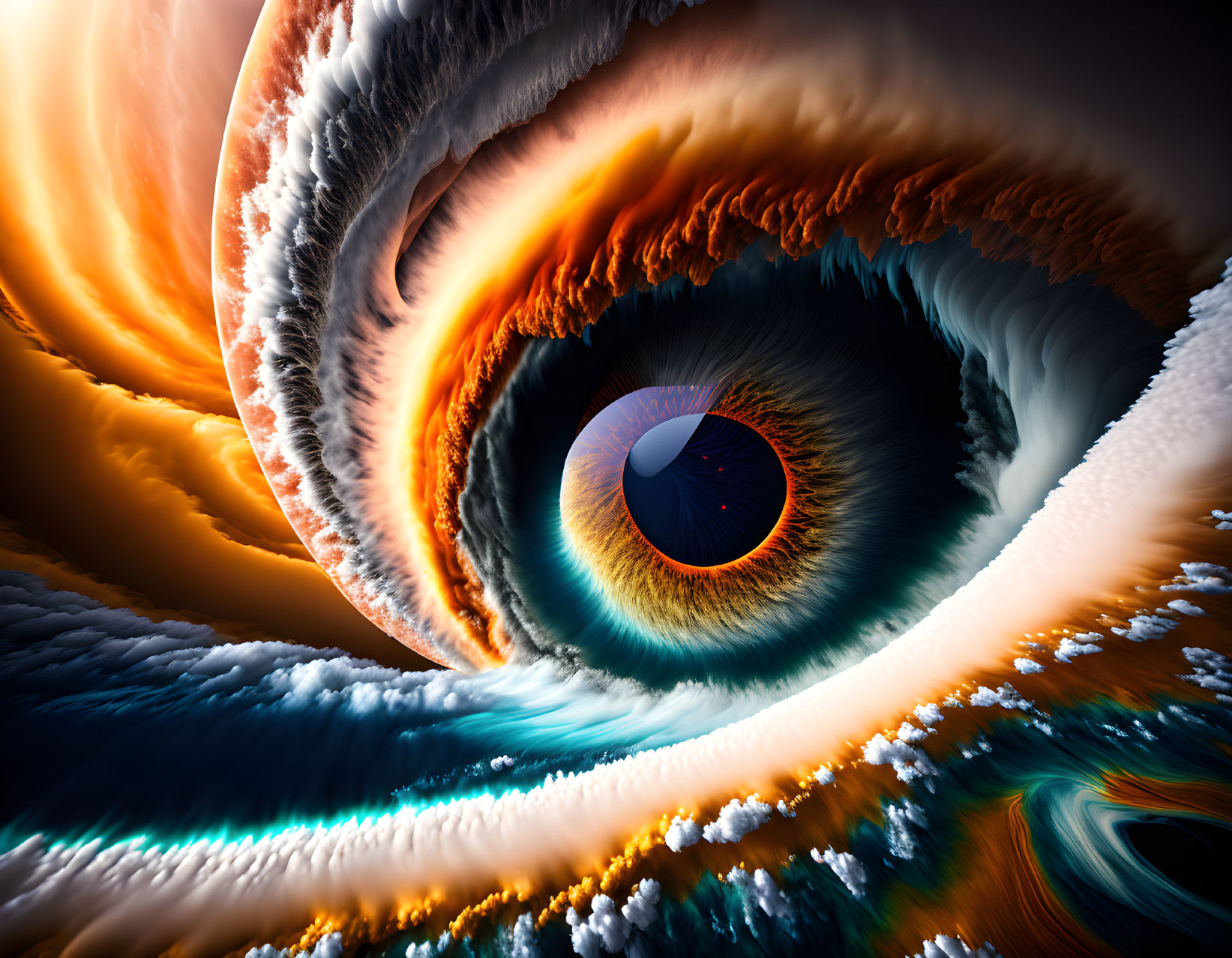 Close-up eye with swirling cosmic clouds and abstract textures