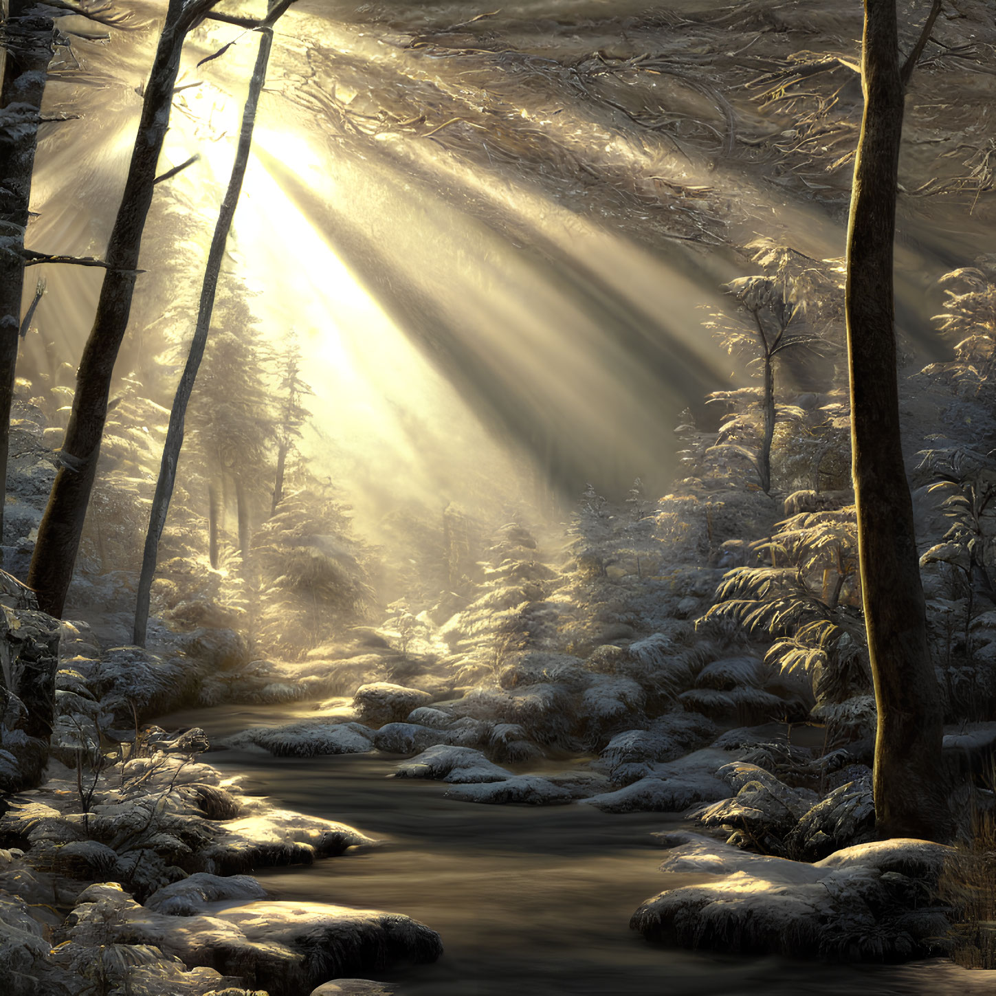 Snowy forest stream under sunbeams in winter landscape