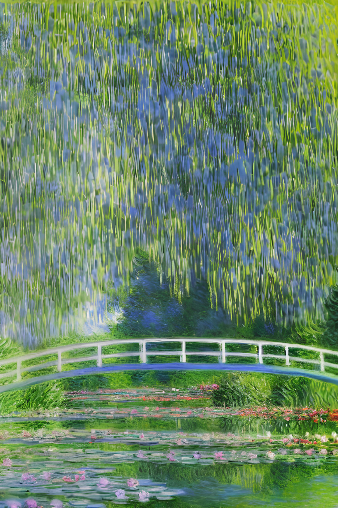 White Bridge Over Tranquil Pond with Water Lilies and Greenery