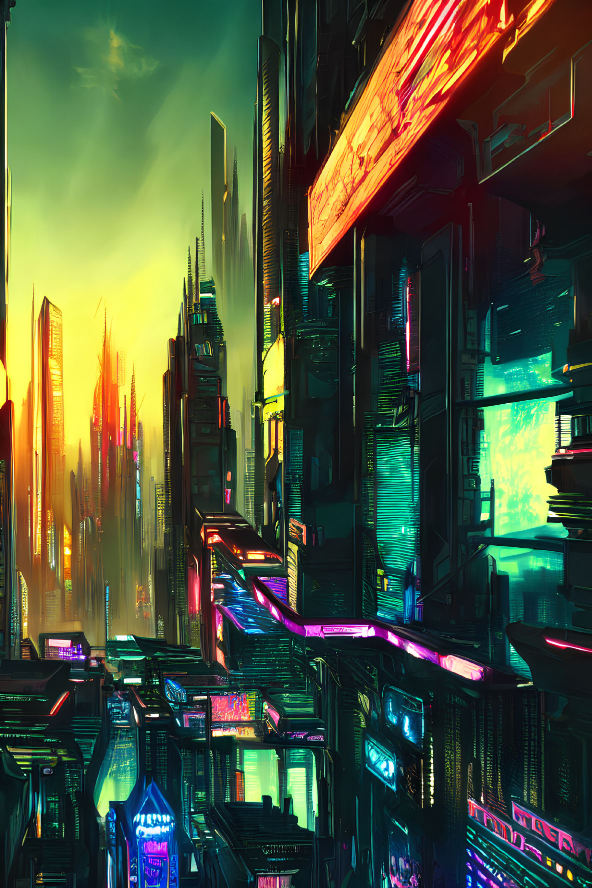 Futuristic neon-lit cityscape with skyscrapers and cyberpunk vibe