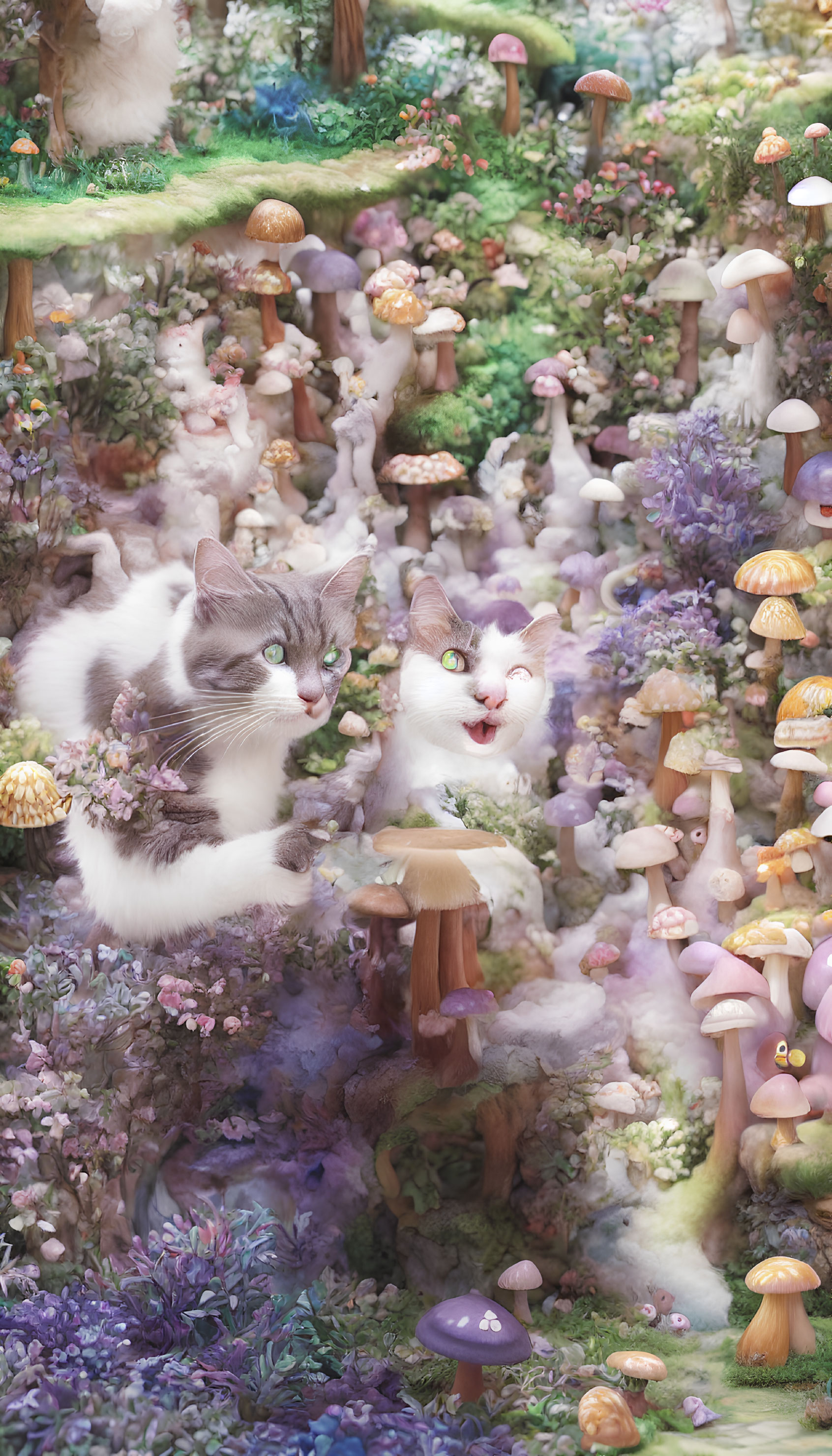 Whimsical forest scene with two cats amid colorful mushrooms and flowers