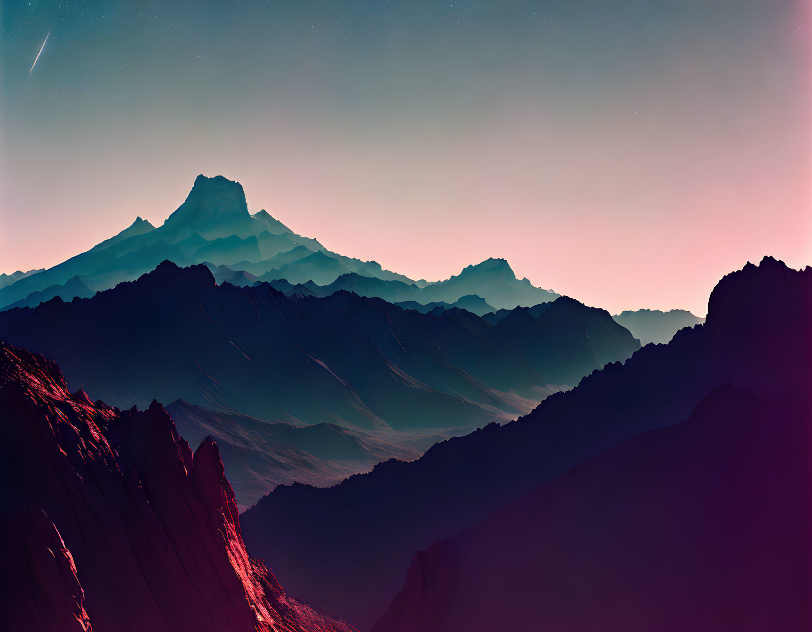 Tranquil digital dusk landscape: rugged mountains against gradient sky