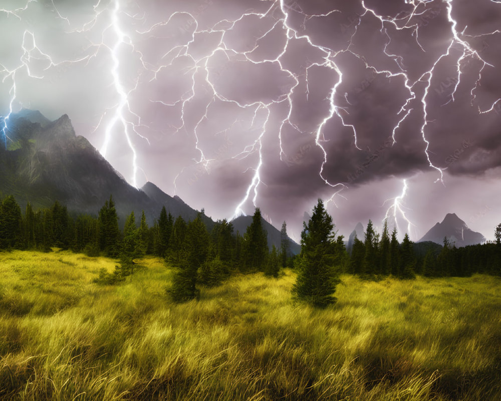 Intense lightning storm over mountain range and evergreen field