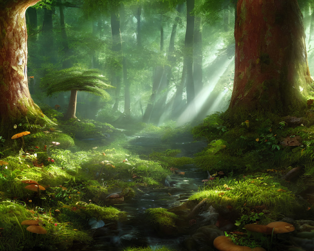 Sunlit Forest Scene with Stream and Mushrooms in Lush Canopy