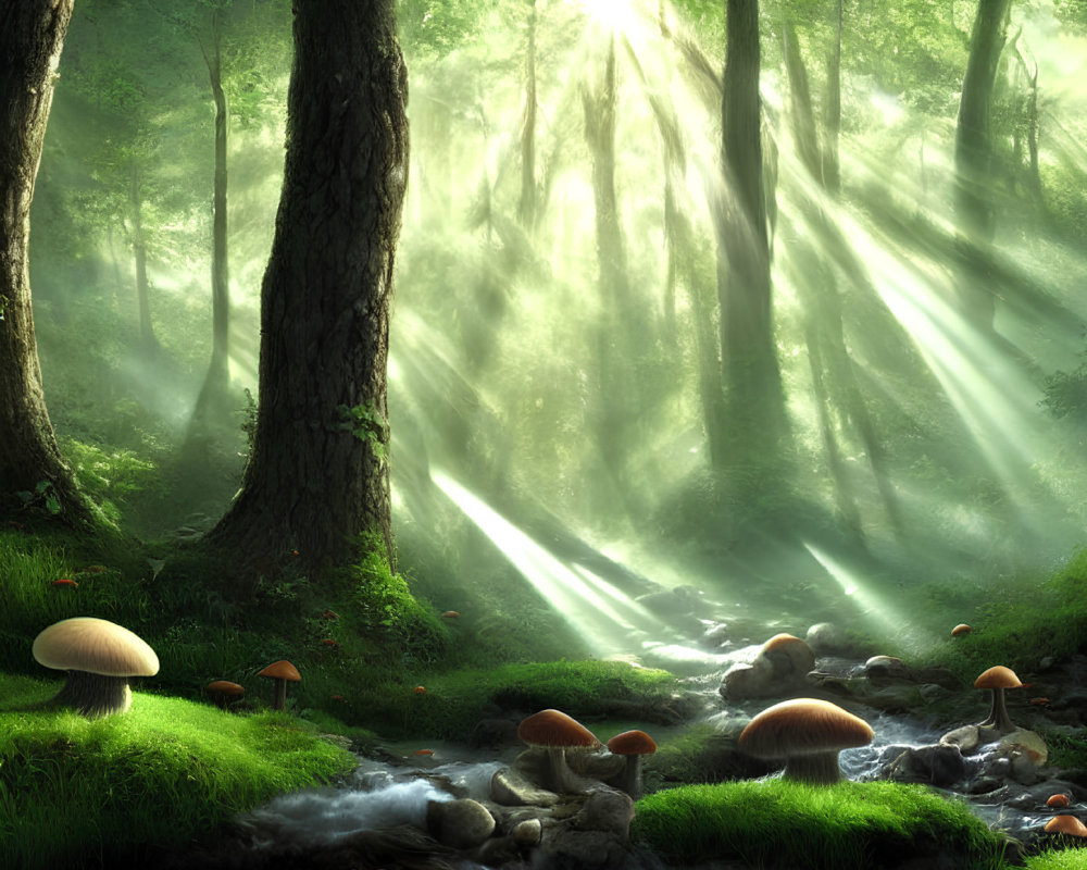 Lush green forest with sunlight illuminating mushrooms and stream