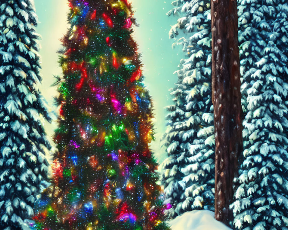 Colorful Christmas Tree in Snowy Forest at Night