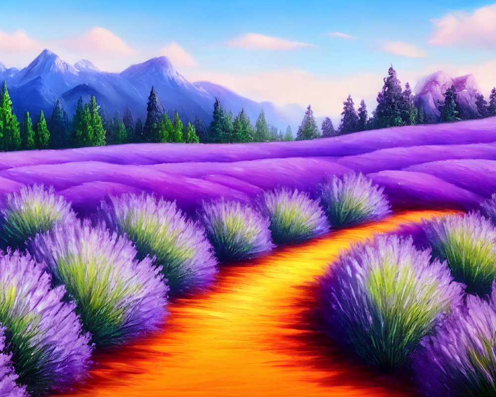 Lavender Field Painting with Orange Path and Mountains