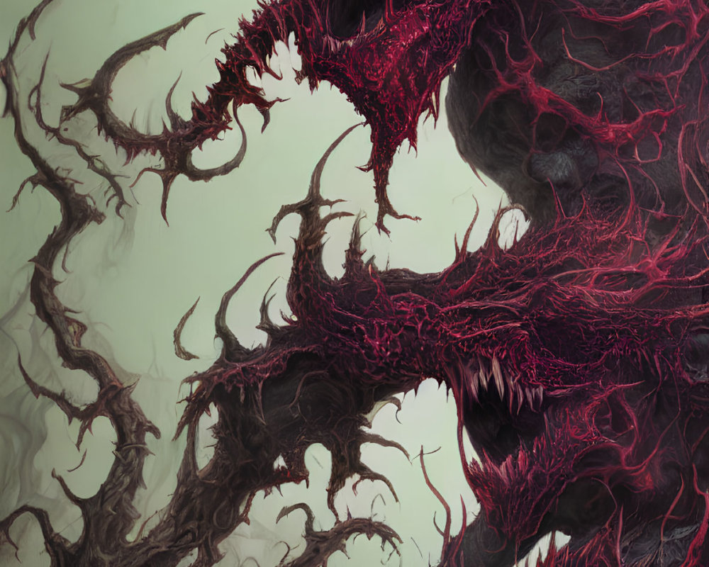 Illustration of Intertwined Red and Black Dragon-like Creatures