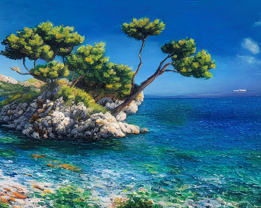 Colorful coastal painting with rocky outcrop, green trees, blue sea, sky, and distant ship