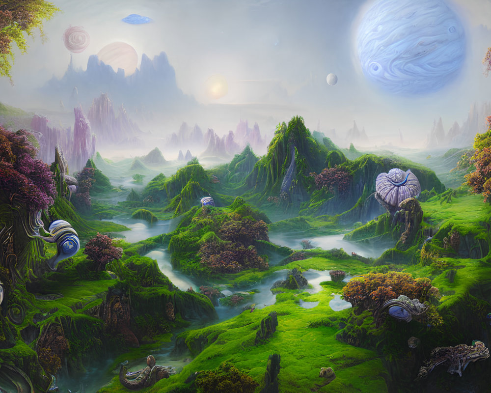 Fantastical landscape with greenery, snail-like structures, misty valleys & multiple moons.