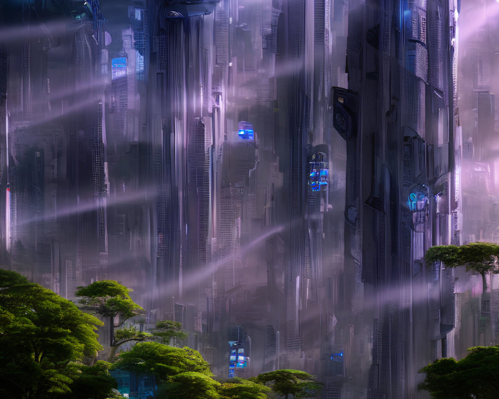 Futuristic cityscape with illuminated skyscrapers in rain, trees, and vehicles