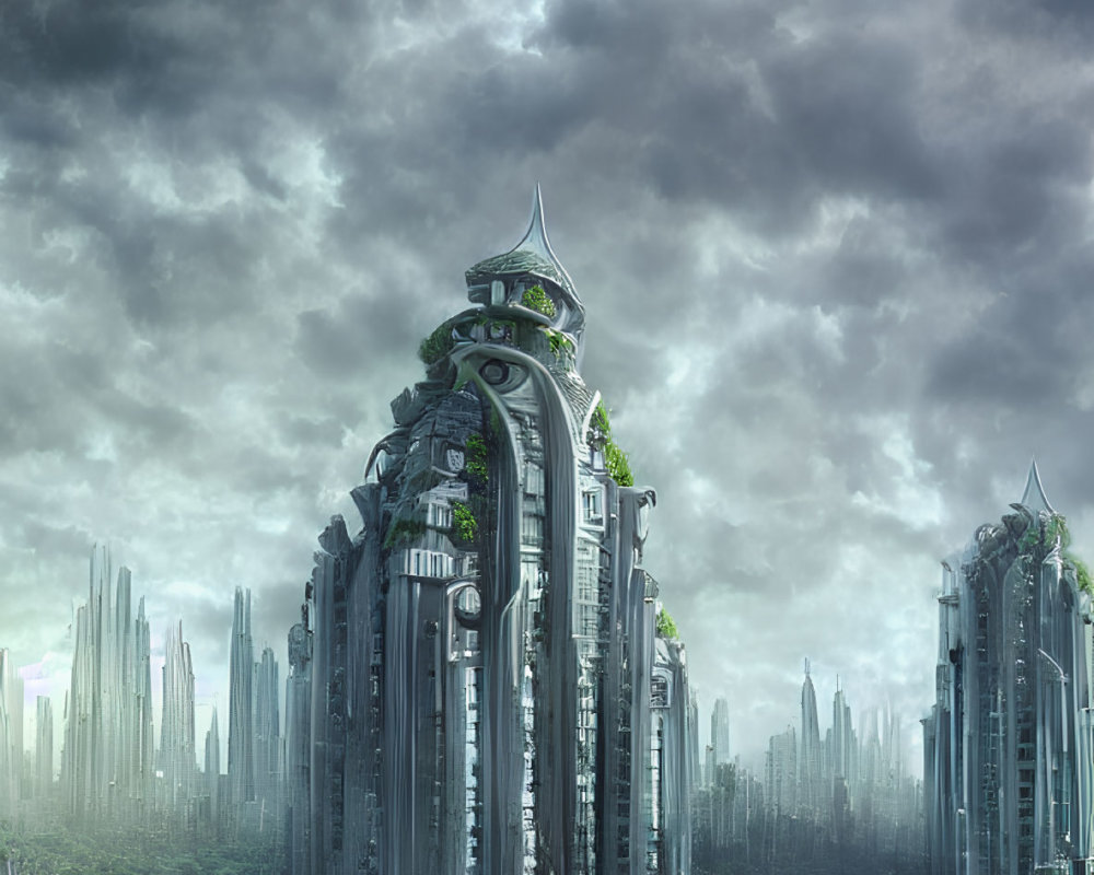 Ornate skyscrapers in futuristic cityscape with lush greenery