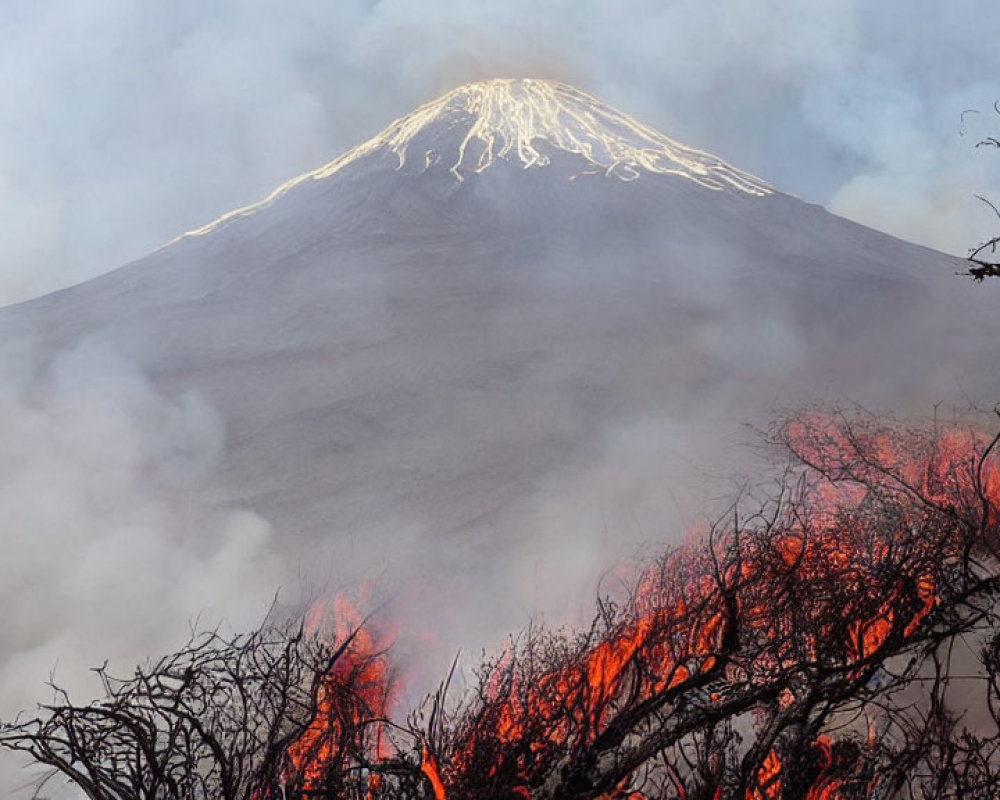 Snow-capped volcano with smoking crater above smoldering branches