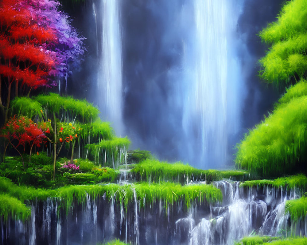 Colorful waterfall surrounded by lush greenery and misty ambiance