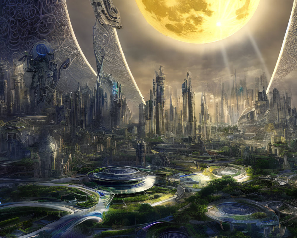 Futuristic cityscape with skyscrapers, moon, and light beams