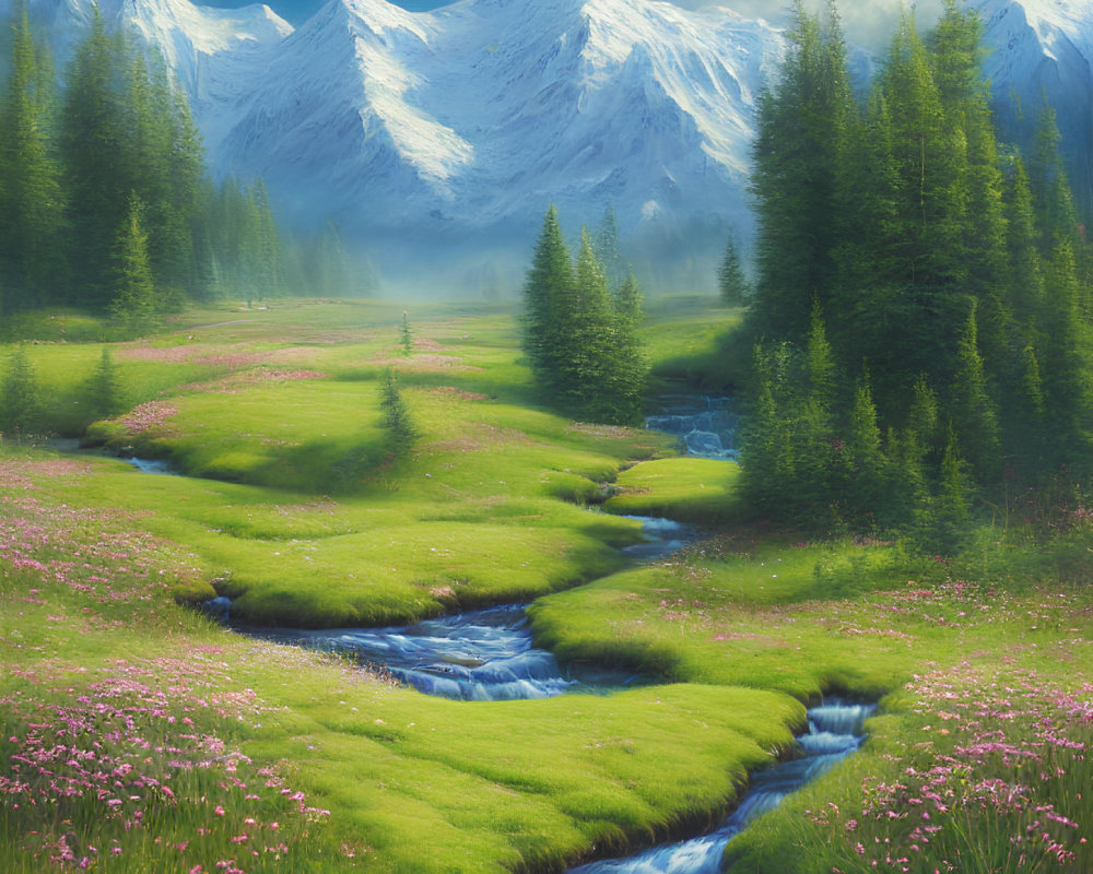 Tranquil landscape with stream, wildflowers, mountains, and blue sky