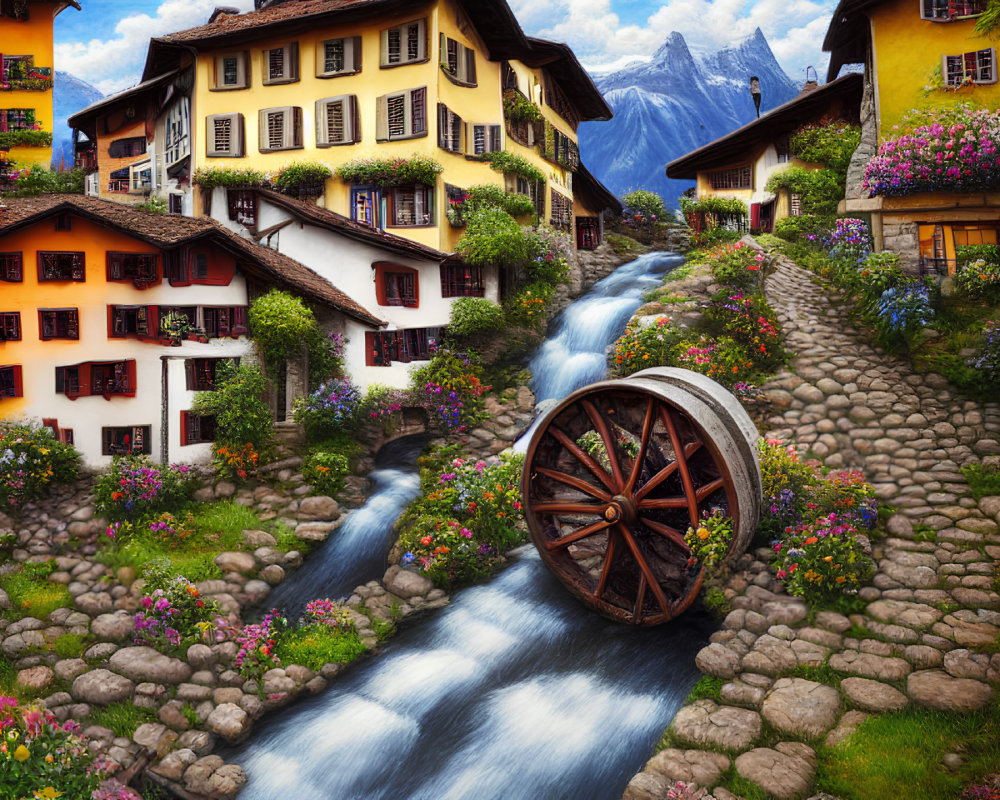 Colorful houses, cobblestone paths, and a clear stream in a picturesque village