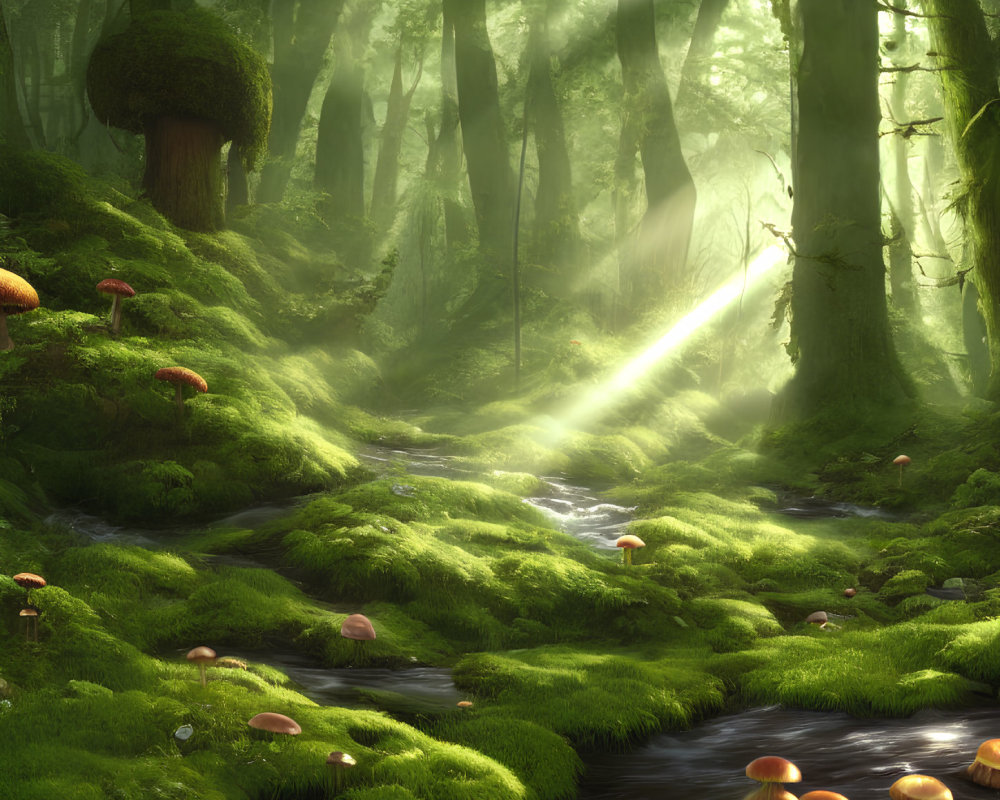 Tranquil forest scene with moss, tall trees, mushrooms, and stream