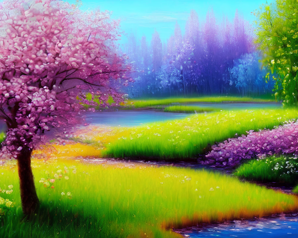 Colorful landscape with pink blooming trees, flowing stream, lush grass, and purple backdrop