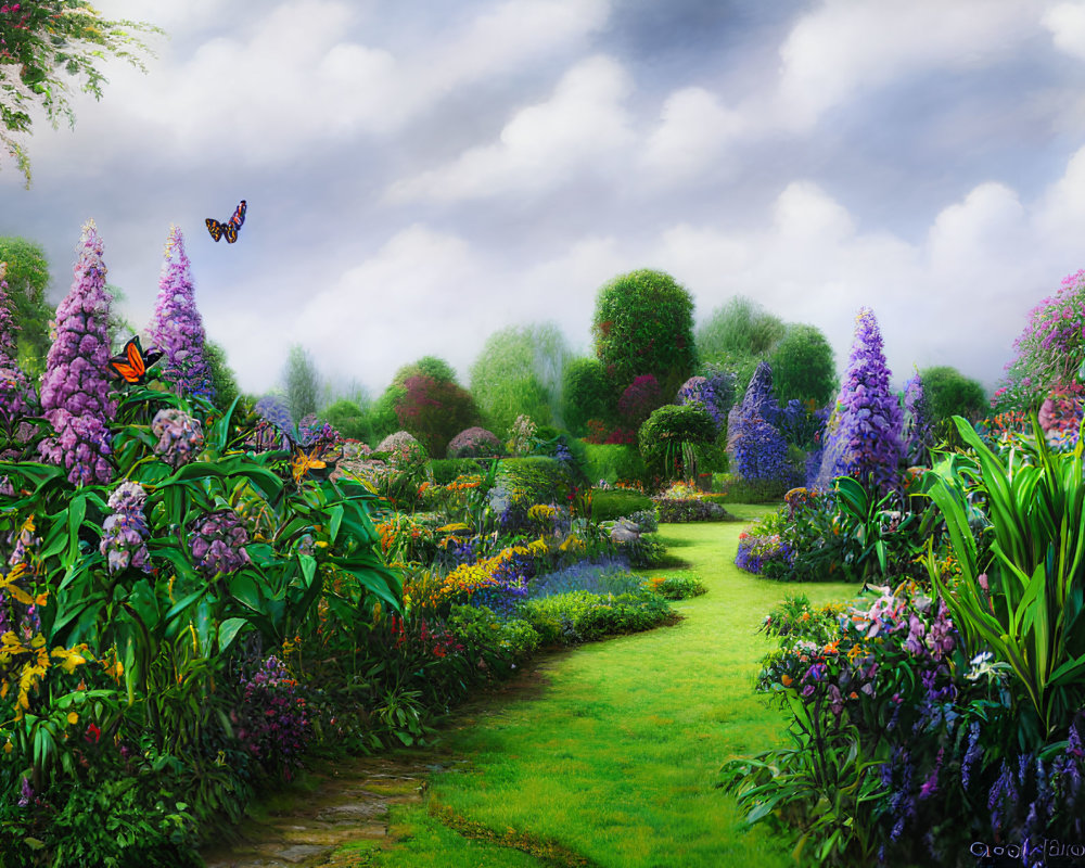 Colorful garden scene with green path, blooming flowers, butterflies, and cloudy sky.