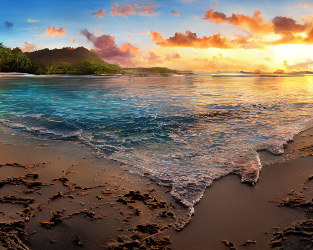 Tranquil beach sunset with palm trees and gentle waves