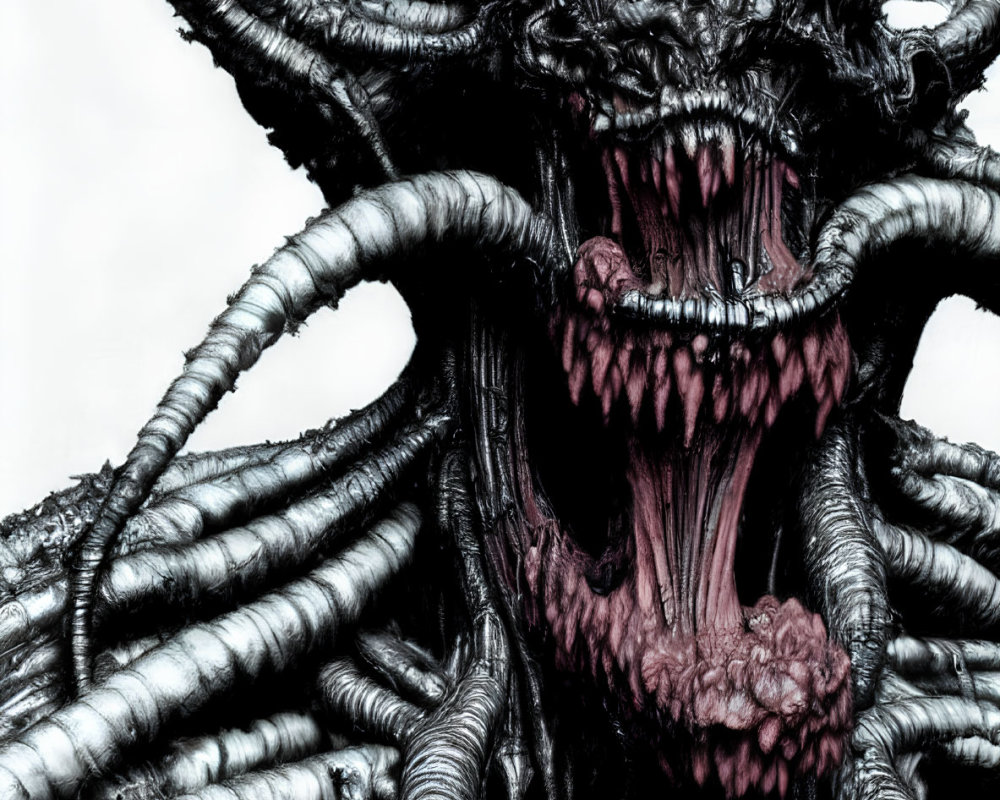 Monstrous creature with tentacles, sharp teeth, and gaping mouth in dark, detailed style