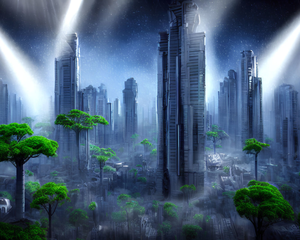 Futuristic cityscape with towering skyscrapers and lush greenery under a starry sky