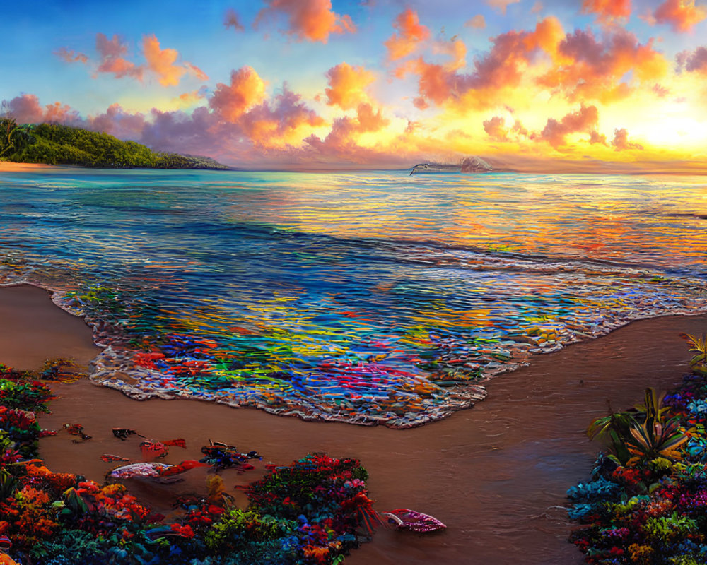 Vibrant Tropical Beach Sunset with Coral Reef and Palm Trees