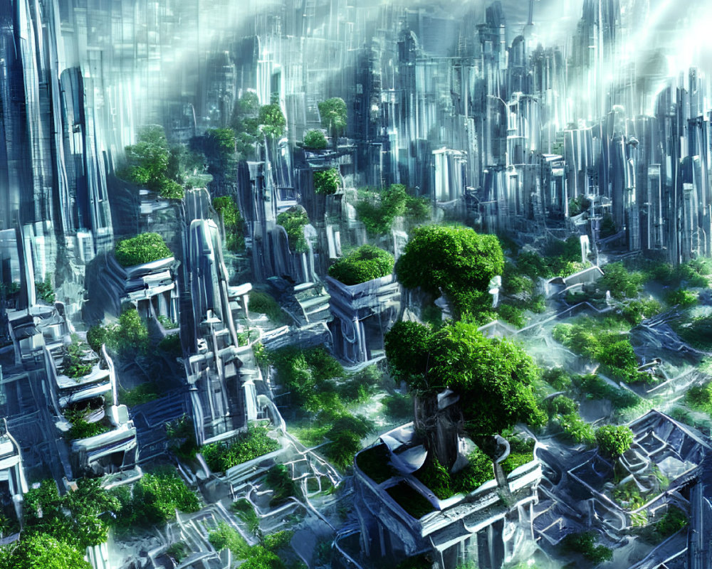 Futuristic cityscape with skyscrapers, greenery, and light beams