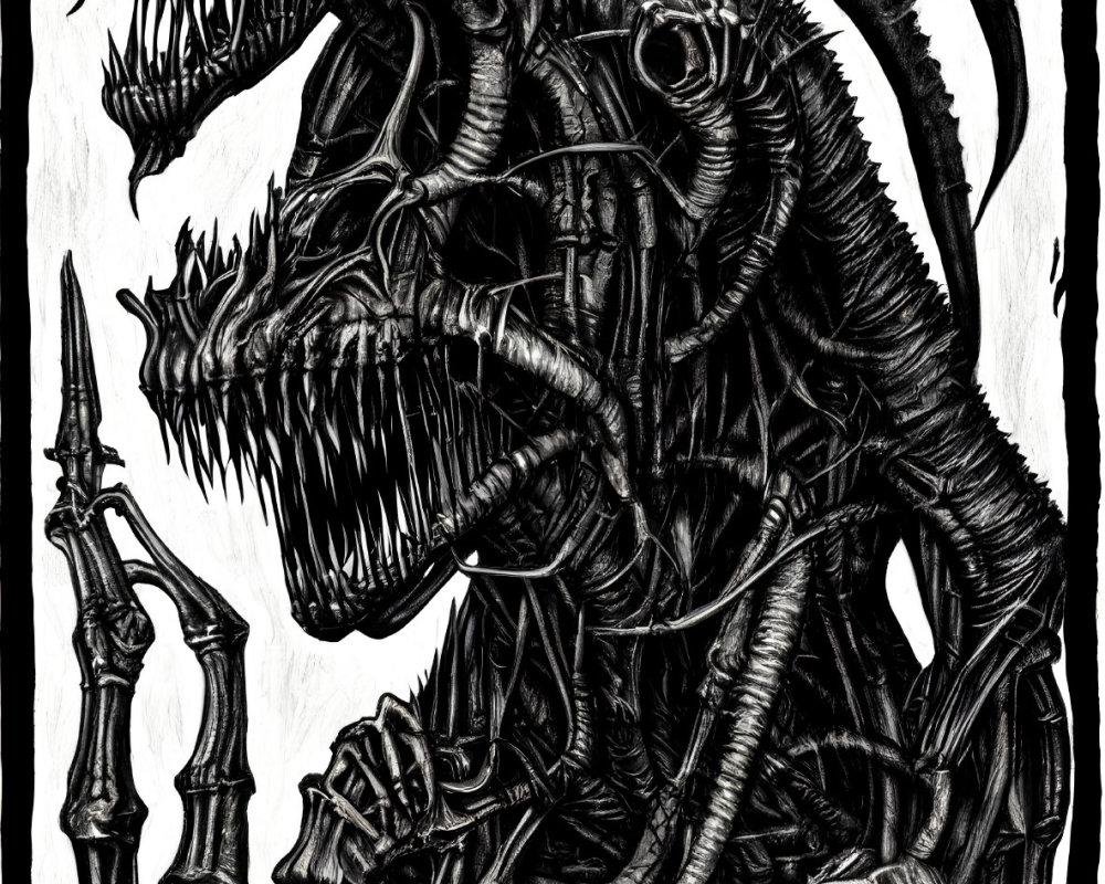 Detailed black and white illustration of fearsome creature with horns, teeth, and staff