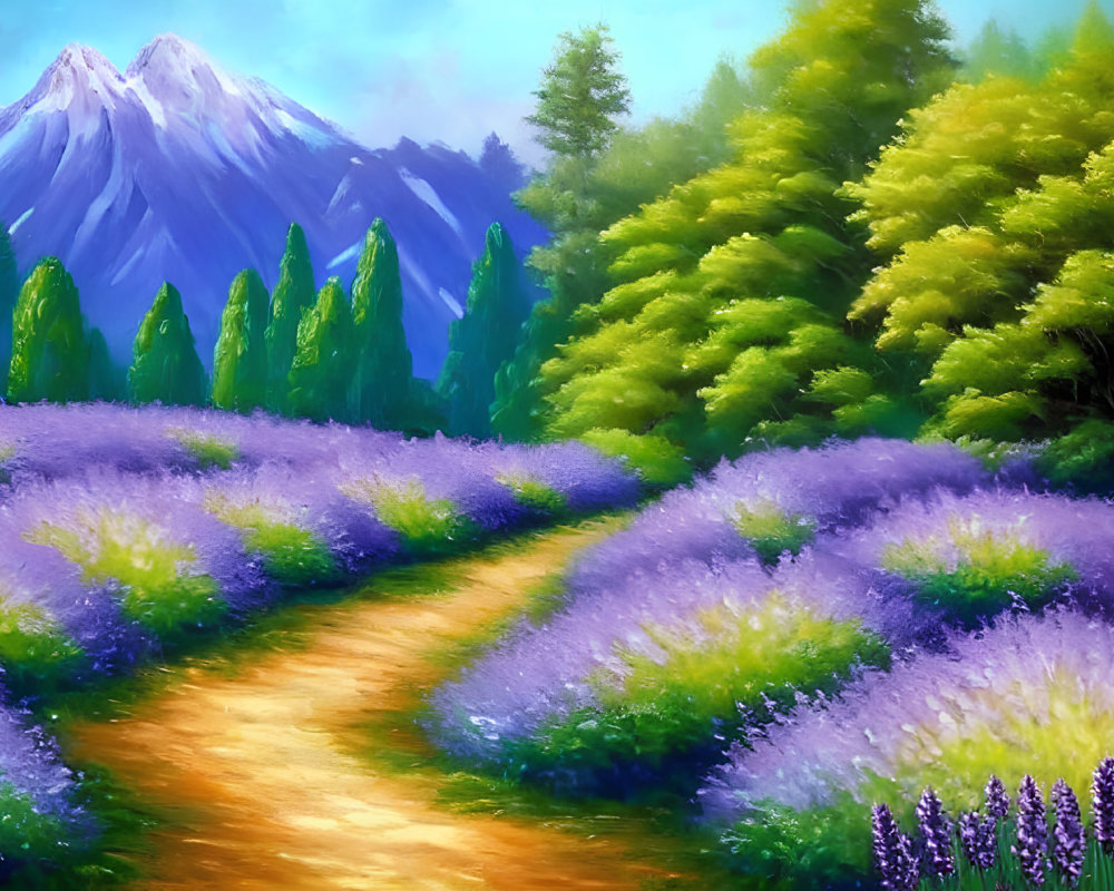 Scenic landscape painting: Lavender fields, trees, snow-capped mountain