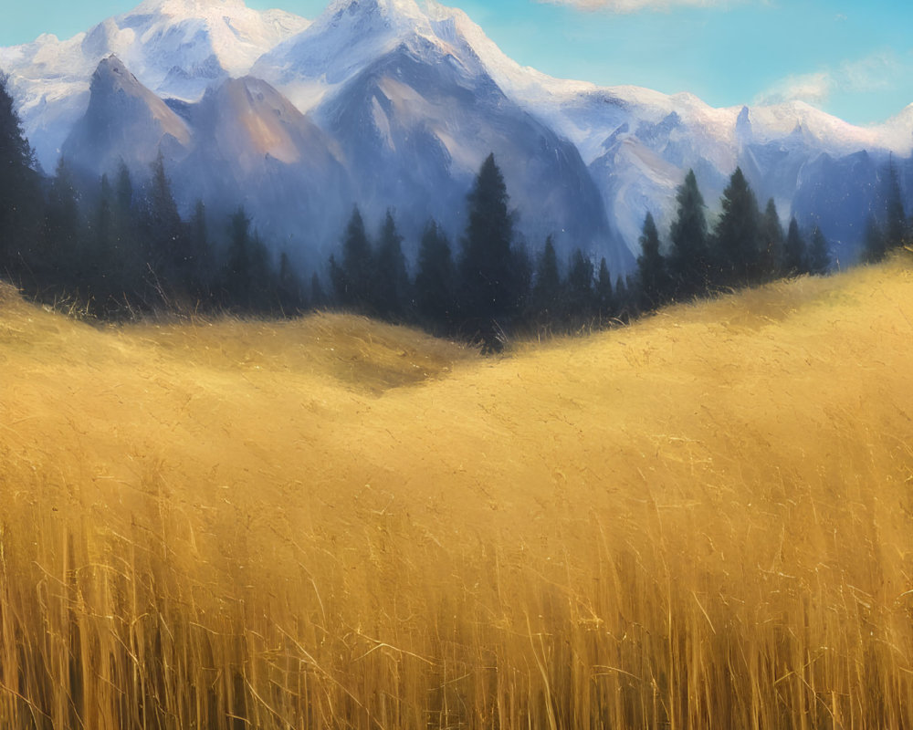 Golden meadow, forest, snow-capped mountains in serene landscape