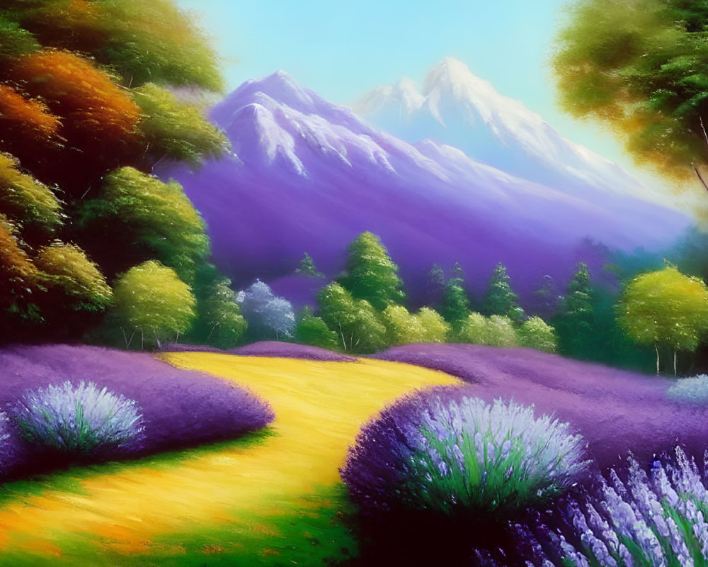 Lavender fields, forest, and mountains in vibrant landscape painting